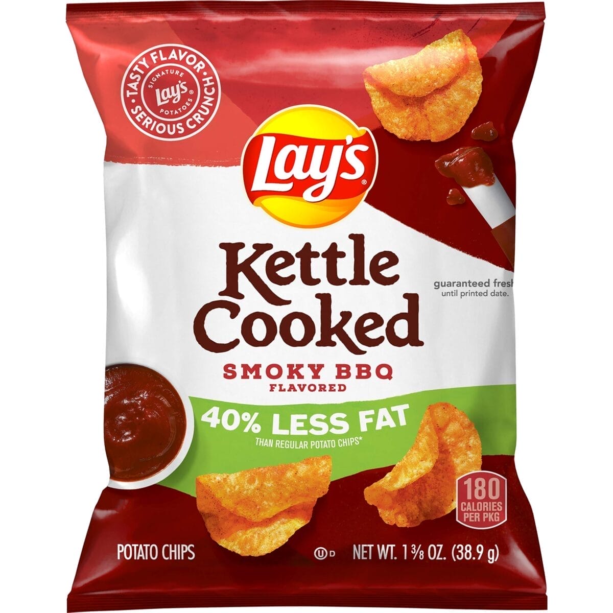 Lay's Kettle Cooked Potato Chips, 40% Less Fat Applewood Smoked BBQ, 1.37 Oz Bags/64